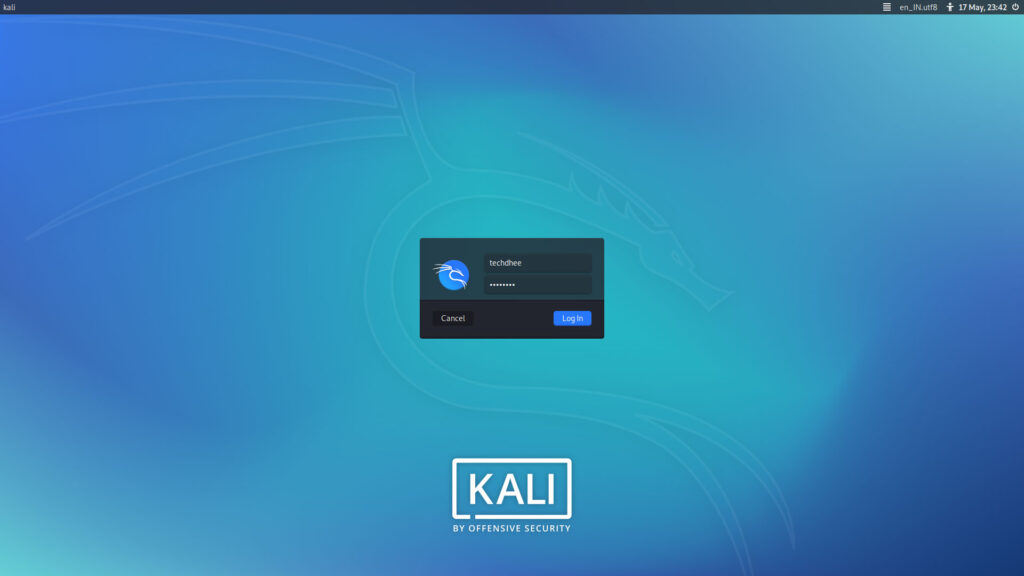 Kali Linux Login Screen Xfce Desktop Environment