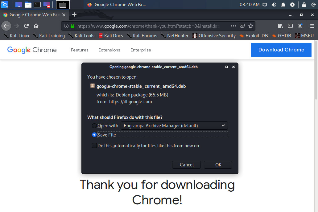 Download and save the Google Chrome n your Computer