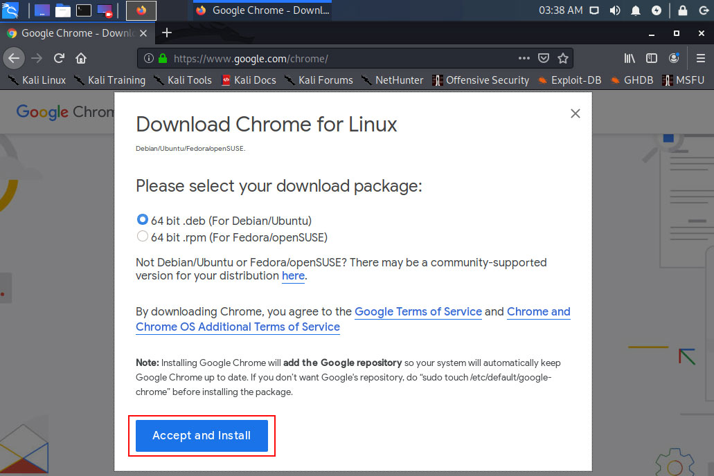 Select the Google Chrome Package for Kali Linux